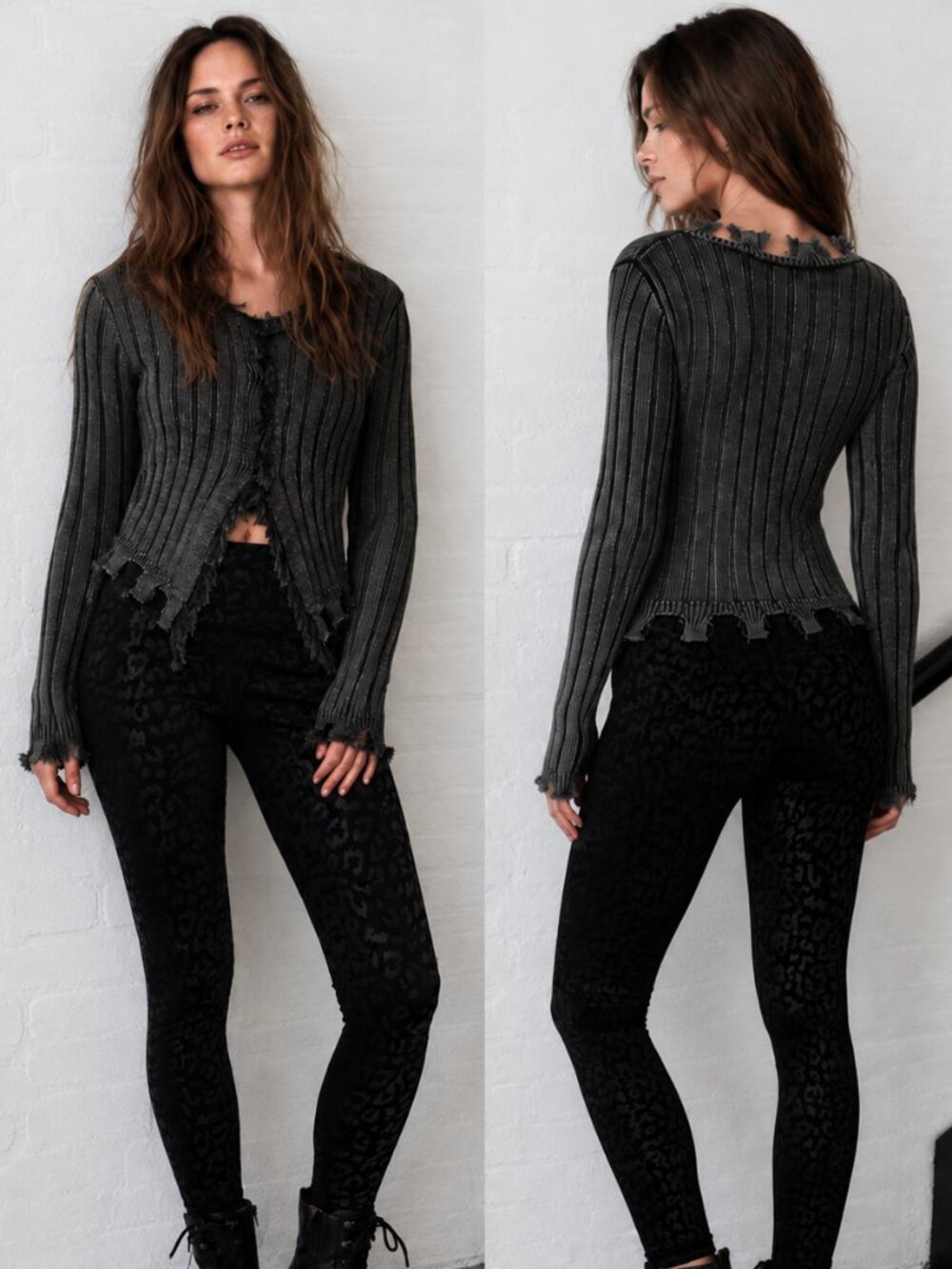 NWT Distressed Charcoal Gray Cotton Ribbed Knit Cardigan Sweater Fringe Grunge